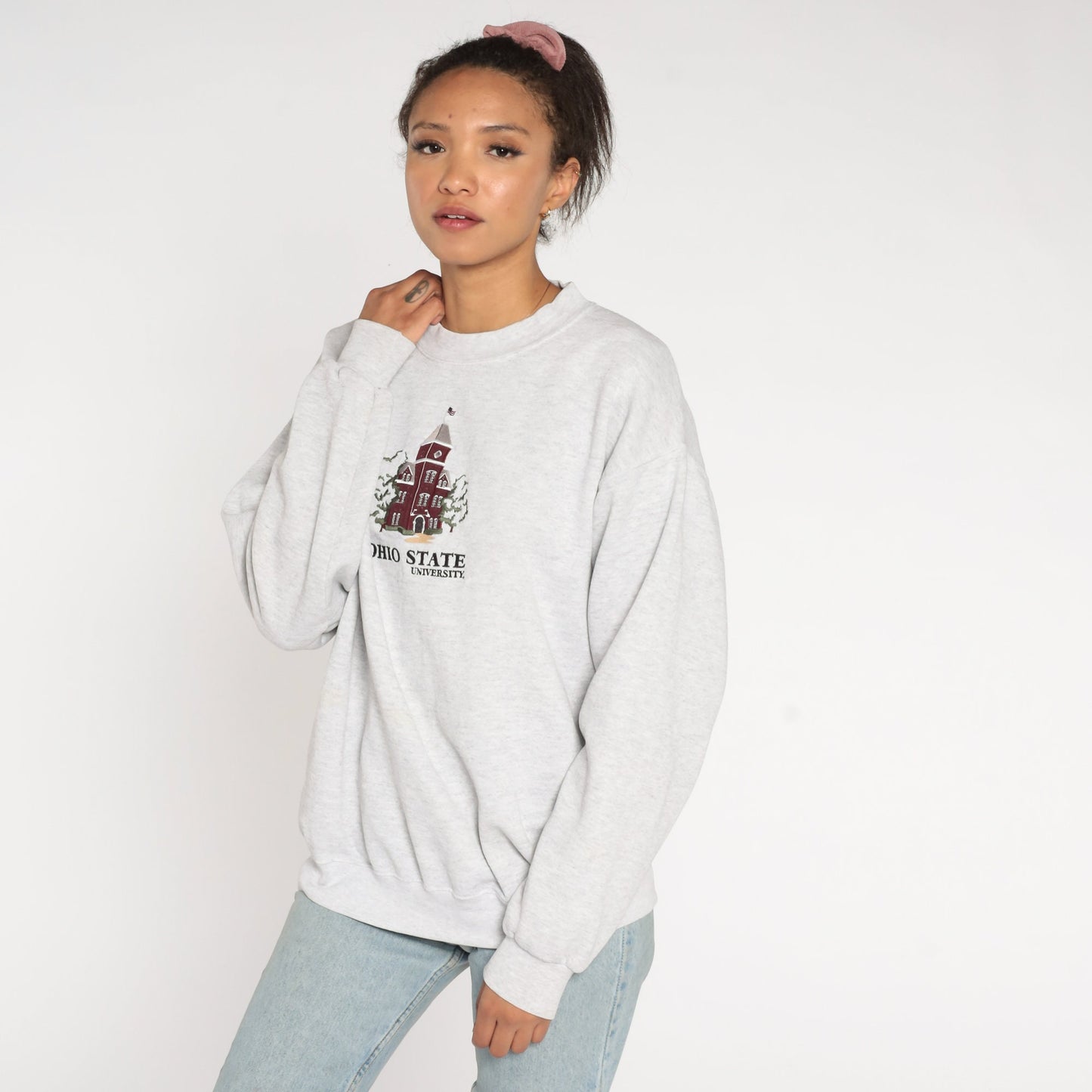 90s Ohio State University Embroidered Sweatshirt Heather Grey Crewneck Large