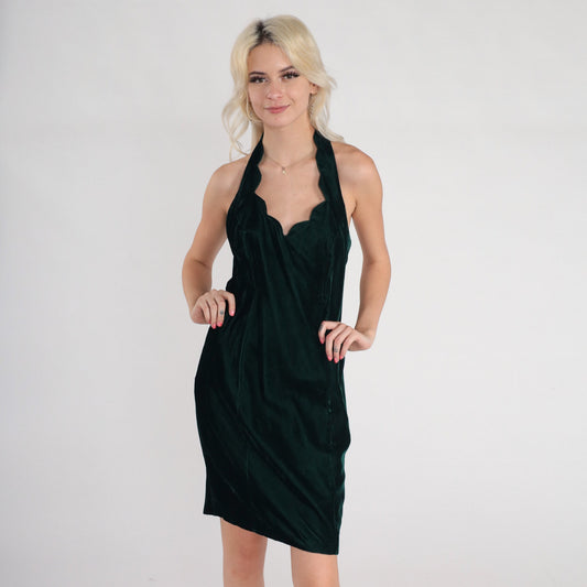 90s Dark Green Velvet Mini Dress Scalloped Halter Open Back Small