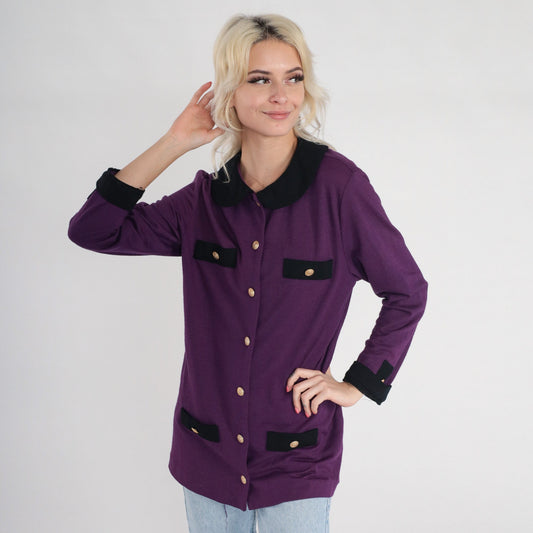 90s Talbots Purple Wool Blazer Black Trim Gold Buttons Medium M