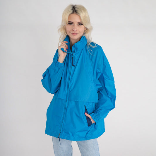 90s Eddie Bauer Blue Nylon Windbreaker Hidden Hood Zip Jacket Large