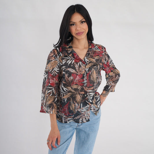 Y2K Abstract Floral Leopard Leaf Print Button-Up Blouse 3/4 Sleeve Grey Red Brown Large L