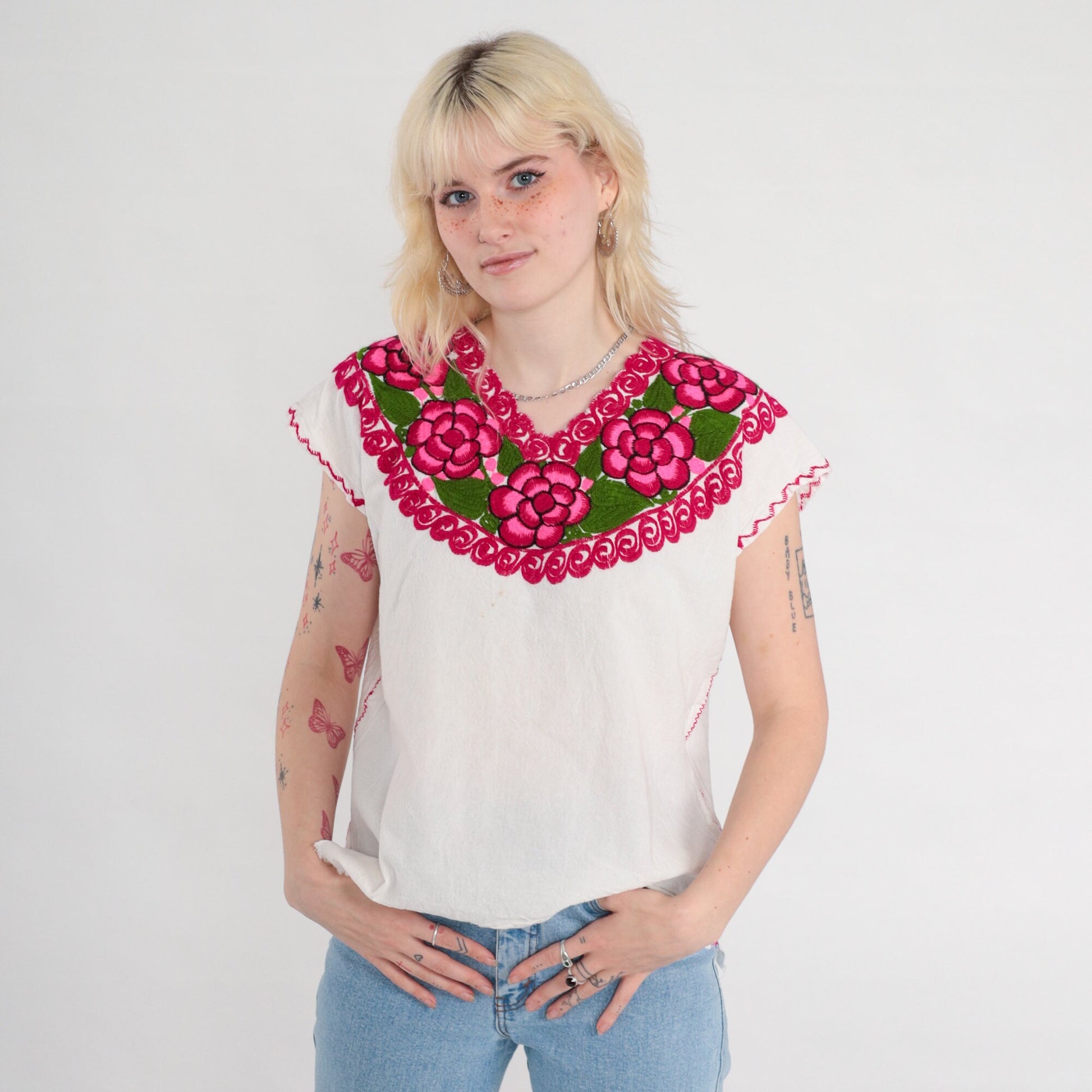 1990s Mexican Floral Embroidered Cotton Blouse White Tunic Small S