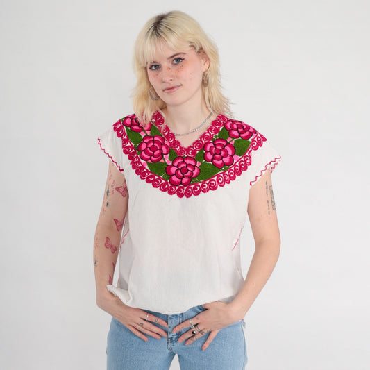 1990s Mexican Floral Embroidered Cotton Blouse White Tunic Small S