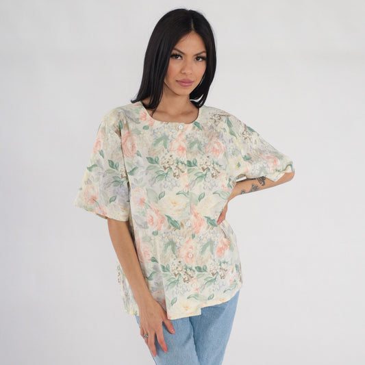 90s Floral Rose Print Button-Up Blouse Short Sleeve Cream Pink Green Large L
