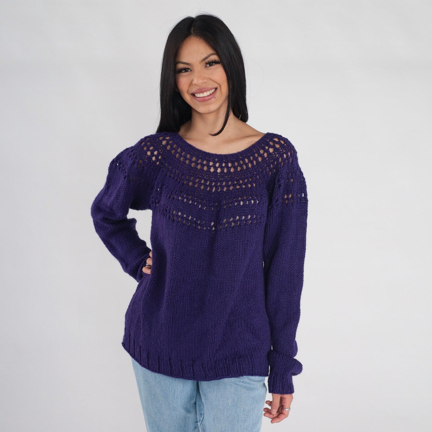 00s Purple Knit Pullover Sweater Open Weave Cutout Yoke Large L