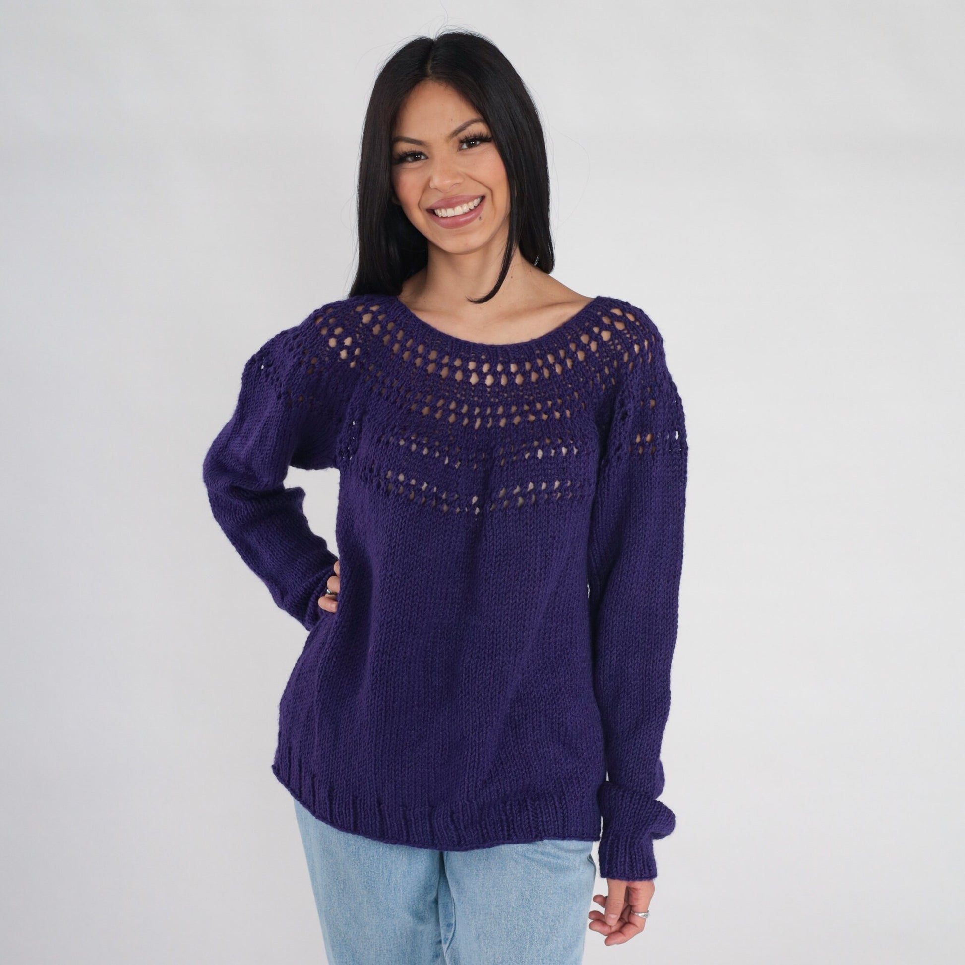 00s Purple Knit Pullover Sweater Open Weave Cutout Yoke Large L