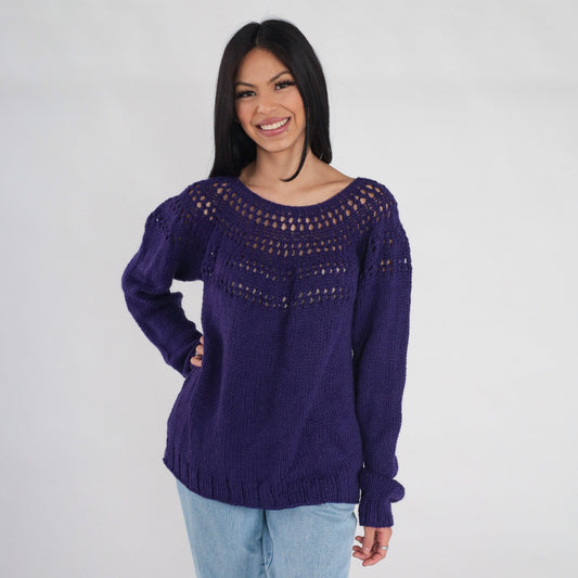 00s Purple Knit Pullover Sweater Open Weave Cutout Yoke Large L