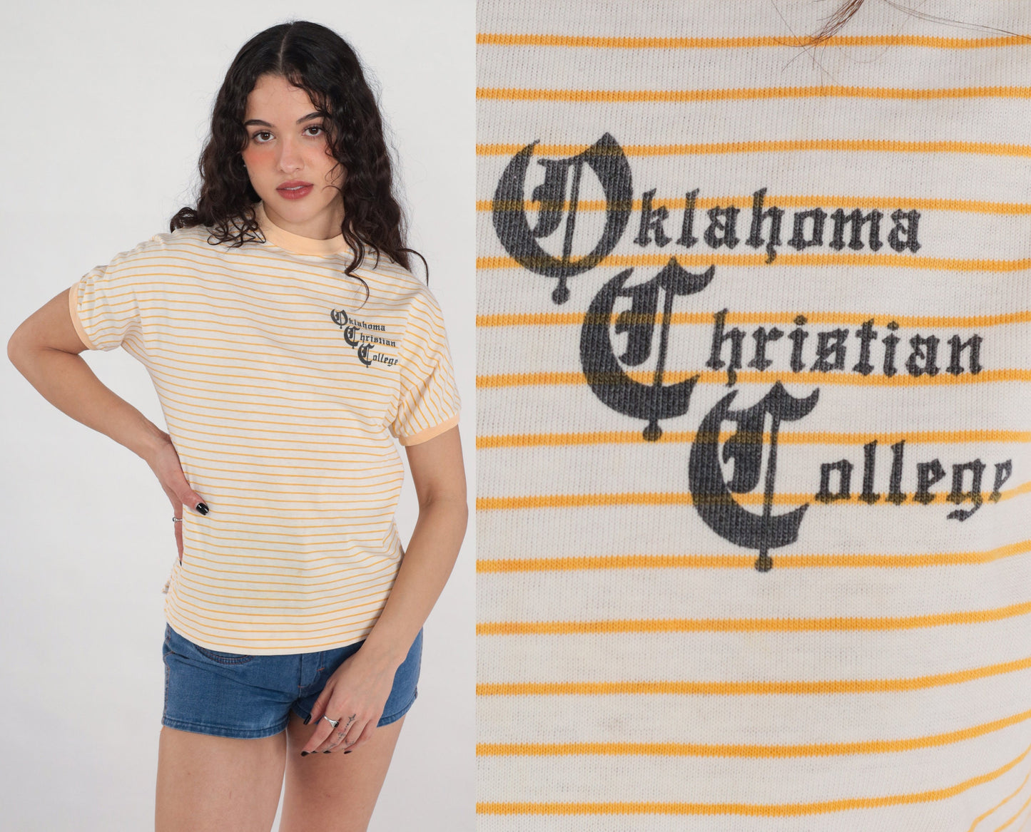 80s Oklahoma Christian College Ringer Tee White Yellow Striped Graphic Small