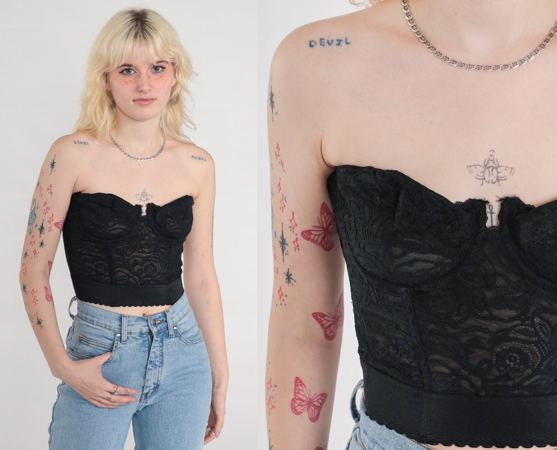 90s Black Lace Strapless Bustier Bra Underwire Sweetheart Neckline 34D