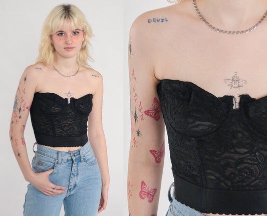 90s Black Lace Strapless Bustier Bra Underwire Sweetheart Neckline 34D