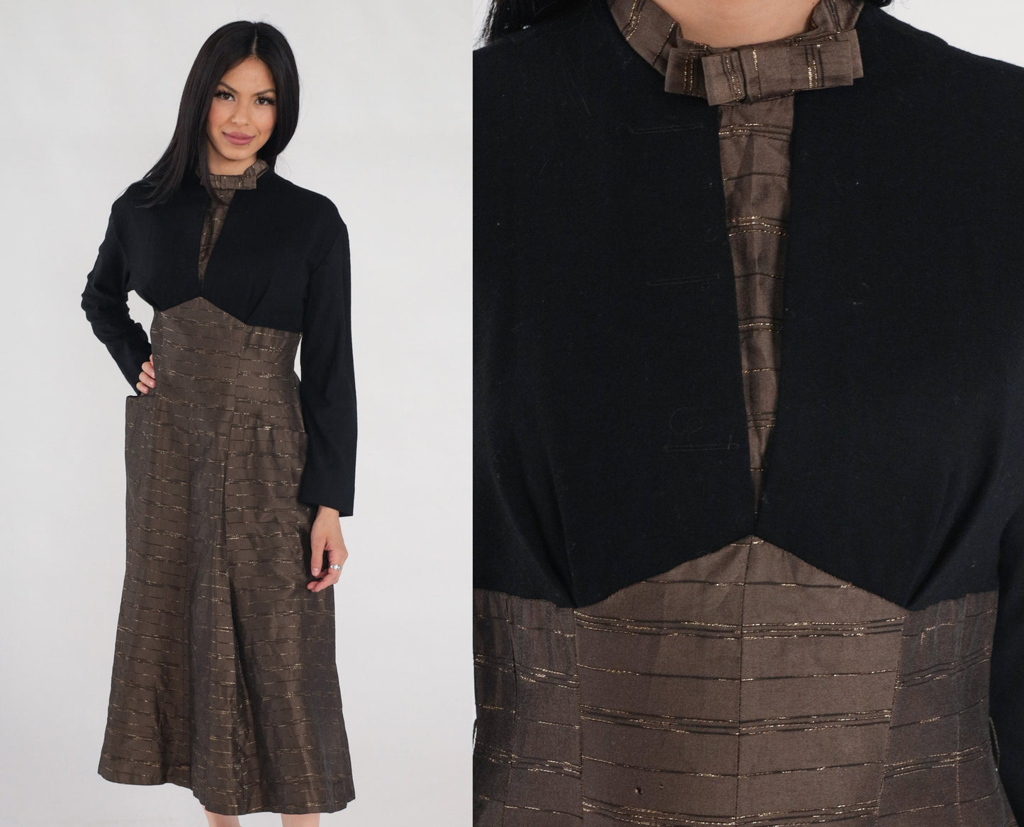 1950s Metallic Striped Brown Wool Midi Dress Black Bow High Neck Medium