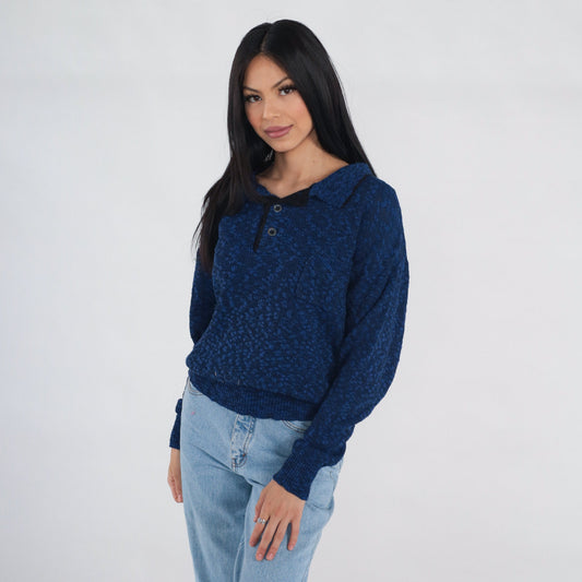 80s Dark Blue Flecked Knit Collared Sweater Quarter Button Pullover Medium Large