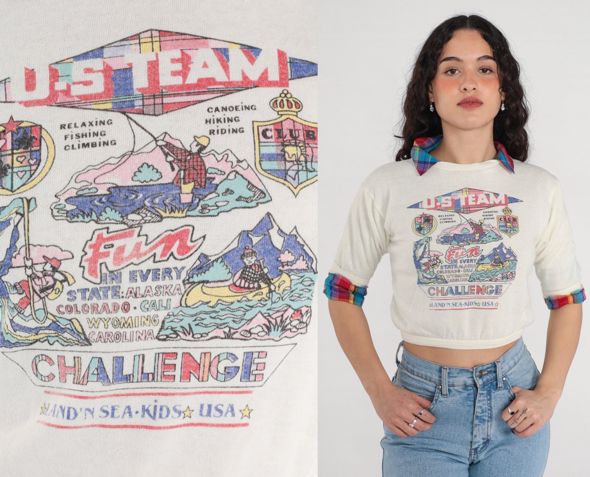 80s US Team Challenge Fishing Climbing Canoeing Graphic Sweatshirt Cropped XXS