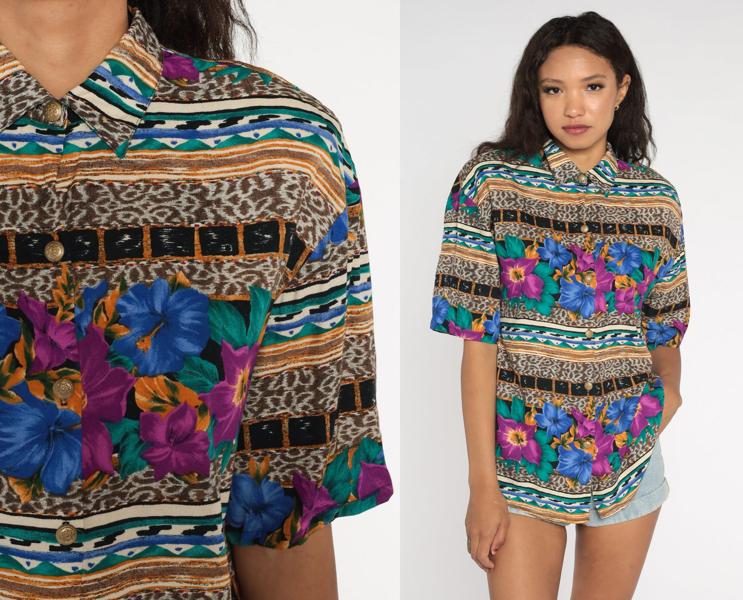 90s Kathie Lee Leopard Floral Button-Up Blouse Rayon Medium