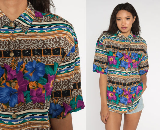 90s Kathie Lee Leopard Floral Button-Up Blouse Rayon Medium