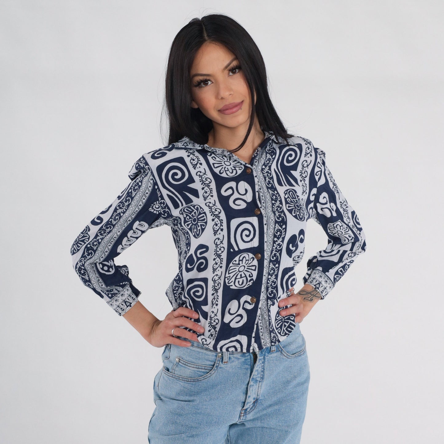 90s Abstract Print Button-Up Blouse Navy White Long Sleeve XS