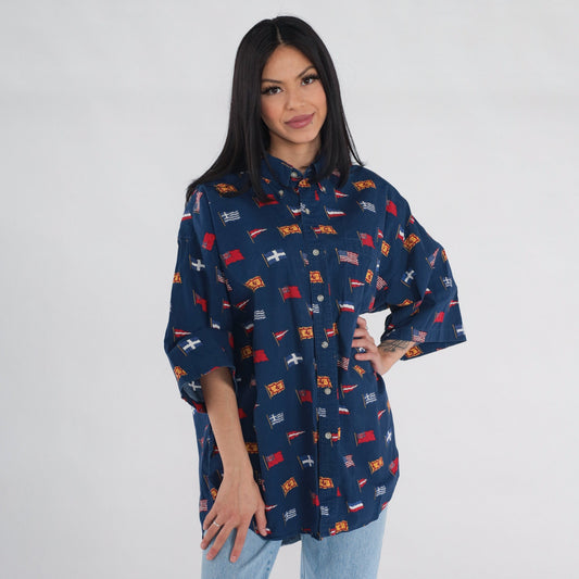 90s International Flag Print Button Up Shirt Navy Cotton Men's Extra Large XL