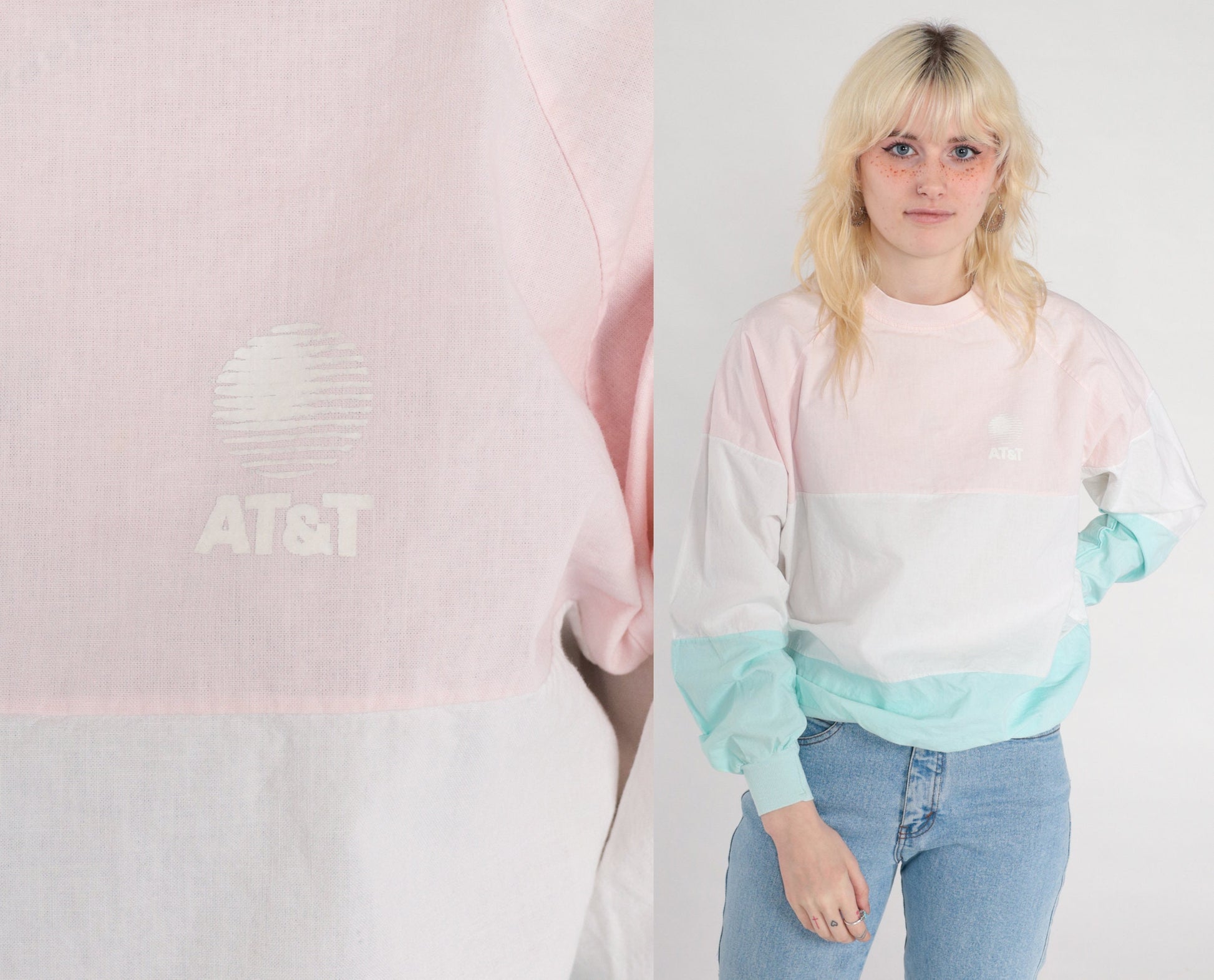 80s AT&T Color Block Long Sleeve Shirt Pink Aqua Crewneck Medium