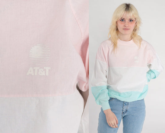 80s AT&T Color Block Long Sleeve Shirt Pink Aqua Crewneck Medium