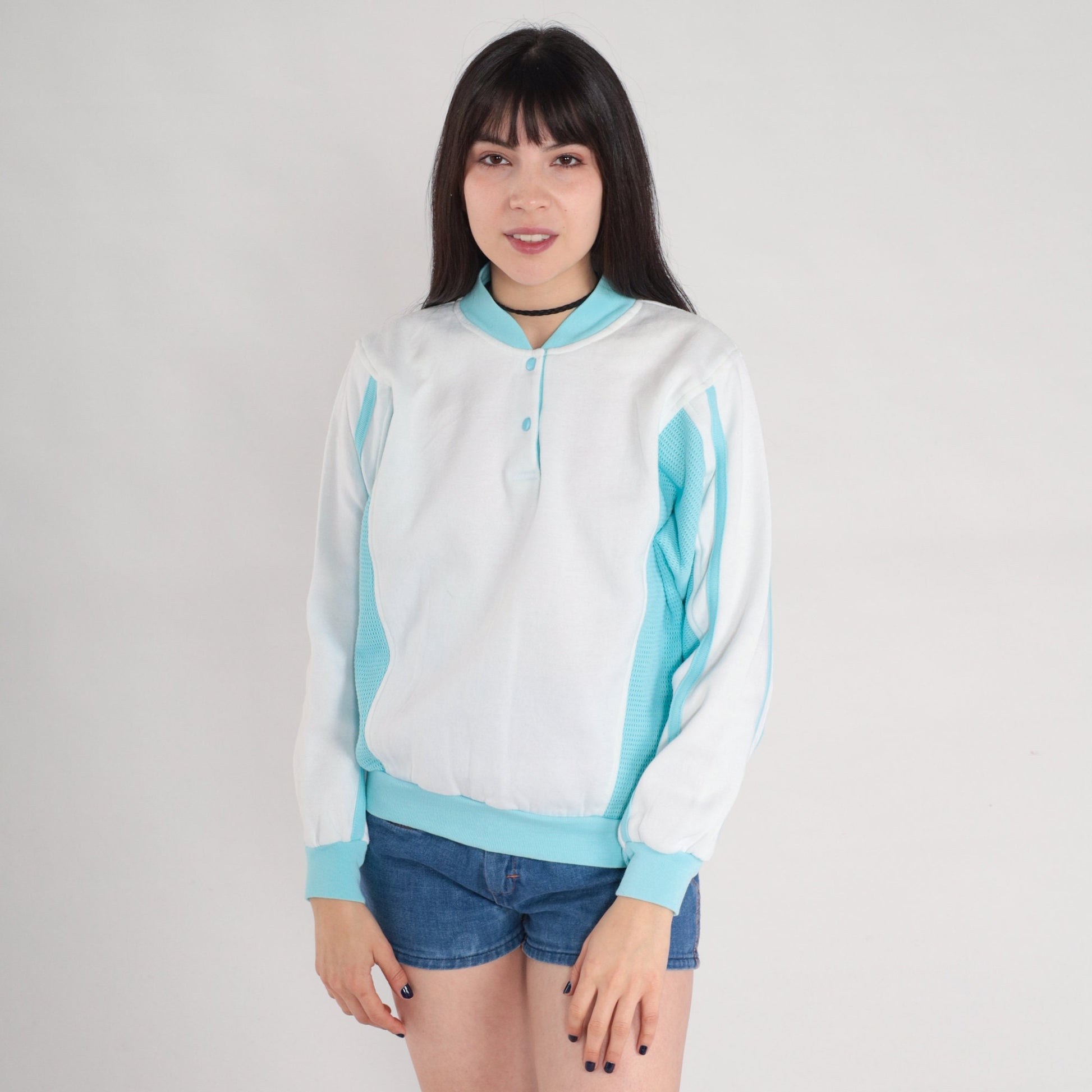 80s White Henley Sweatshirt Blue Mesh Panels Crewneck Small