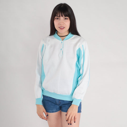 80s White Henley Sweatshirt Blue Mesh Panels Crewneck Small