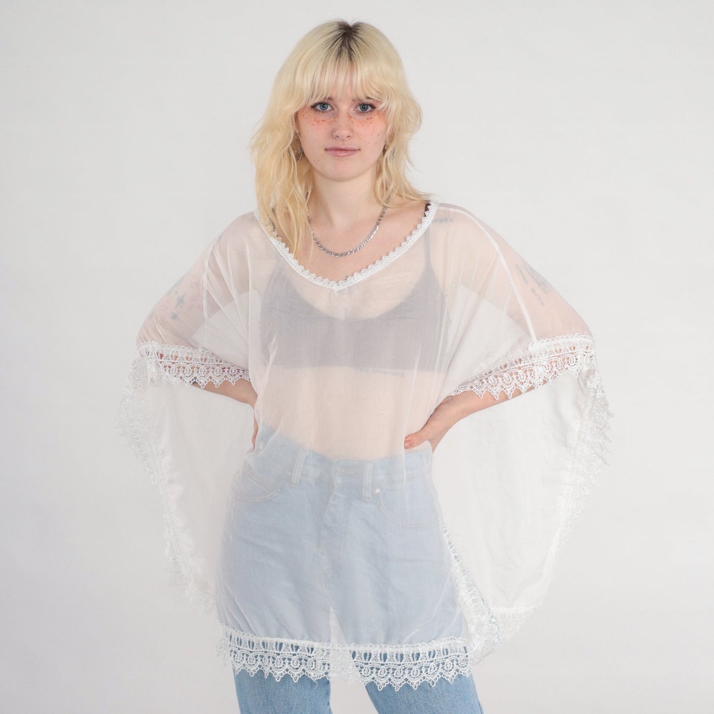 90s White Lace Poncho Top Sheer Crochet Cape Blouse One Size