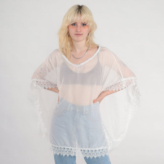 90s White Lace Poncho Top Sheer Crochet Cape Blouse One Size