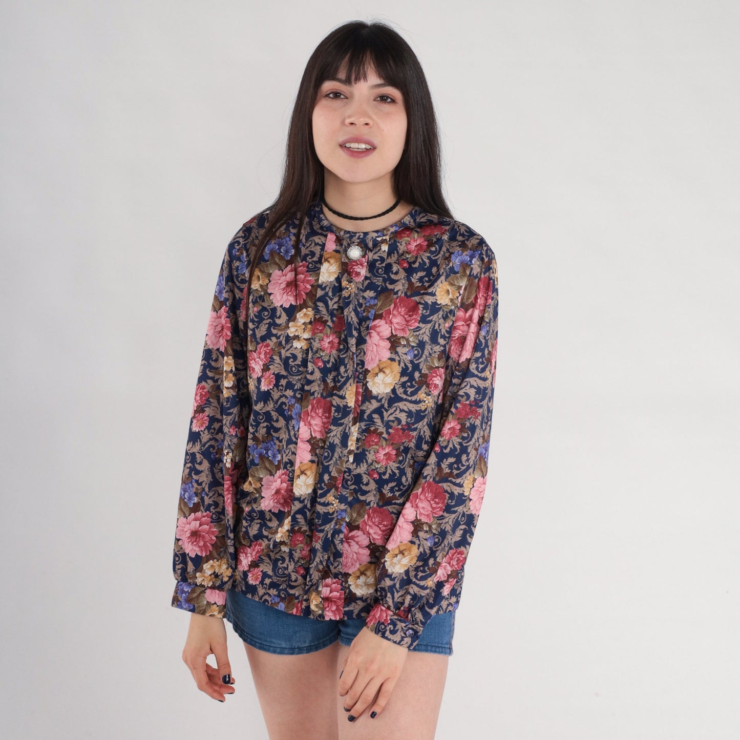 80s Blue Floral Pleated Blouse Long Sleeve Rose Leaf Print Tuxedo Top Medium