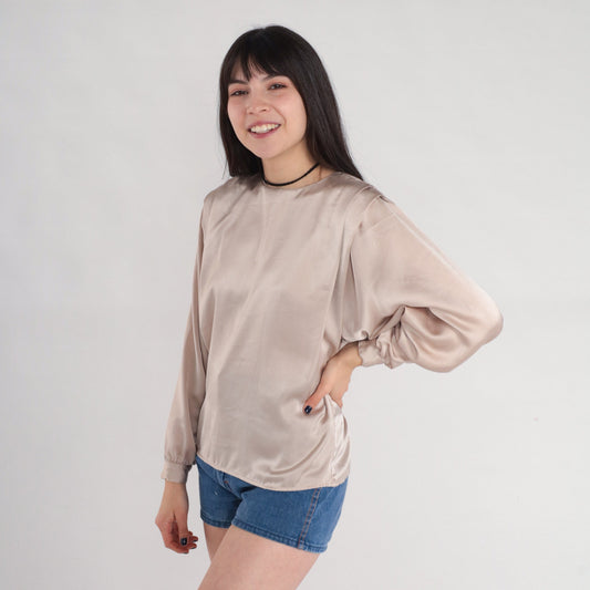 80s Champagne Pleated Blouse Long Sleeve Button Back Shiny Top Small