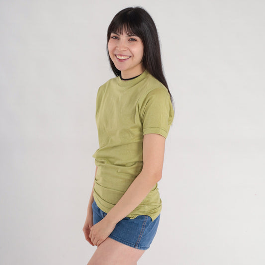 80s Green Cotton T-Shirt Single Stitch Crew Neck Plain Tee Medium M