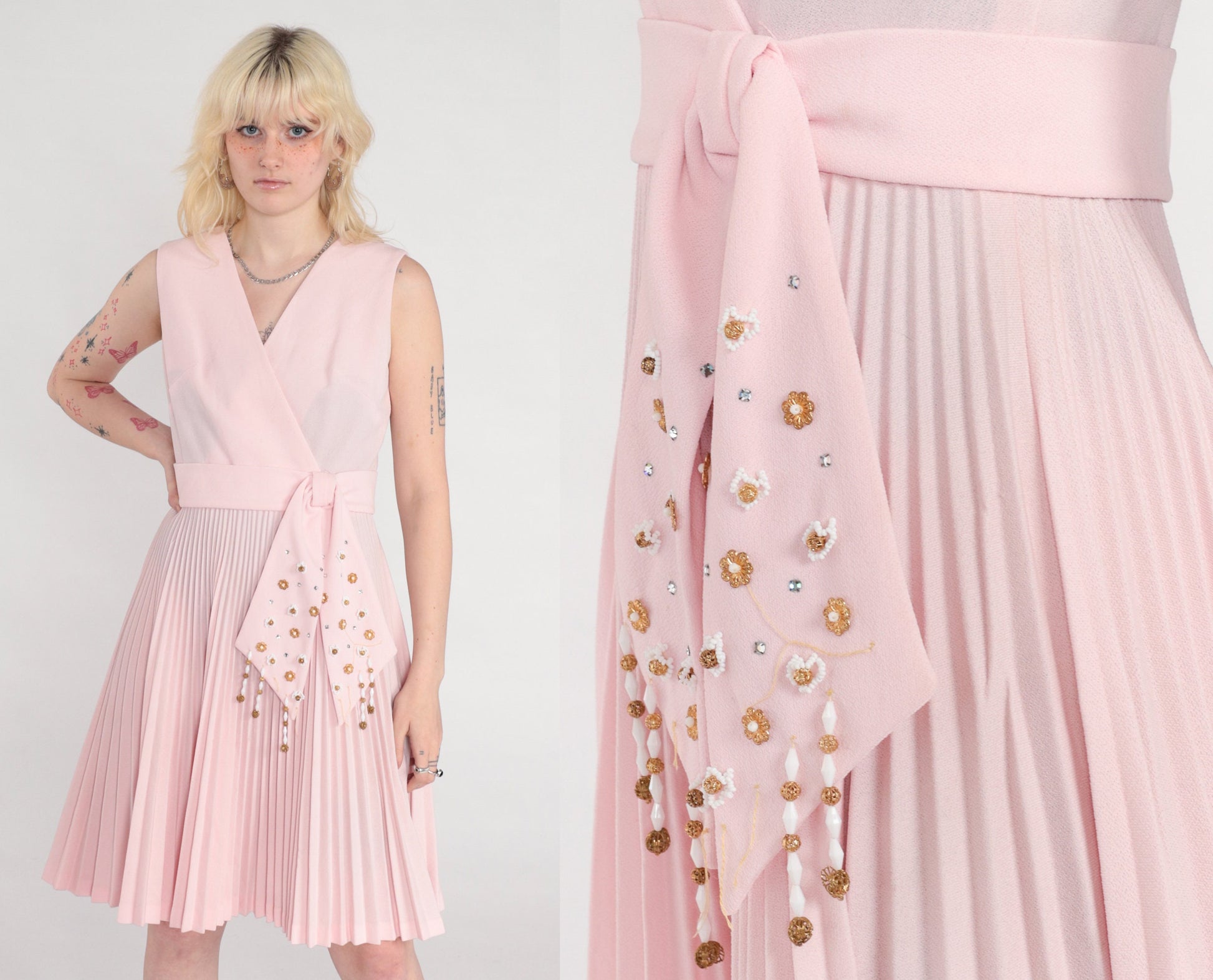 70s Baby Pink Beaded Wrap Dress Knee-Length Sleeveless V-Neck Small S