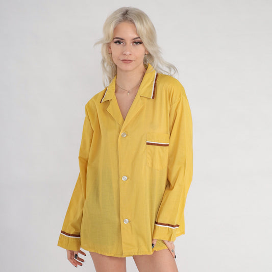 70s Selkirk Mustard Yellow Pajama Shirt Button-Up Long Sleeve Large