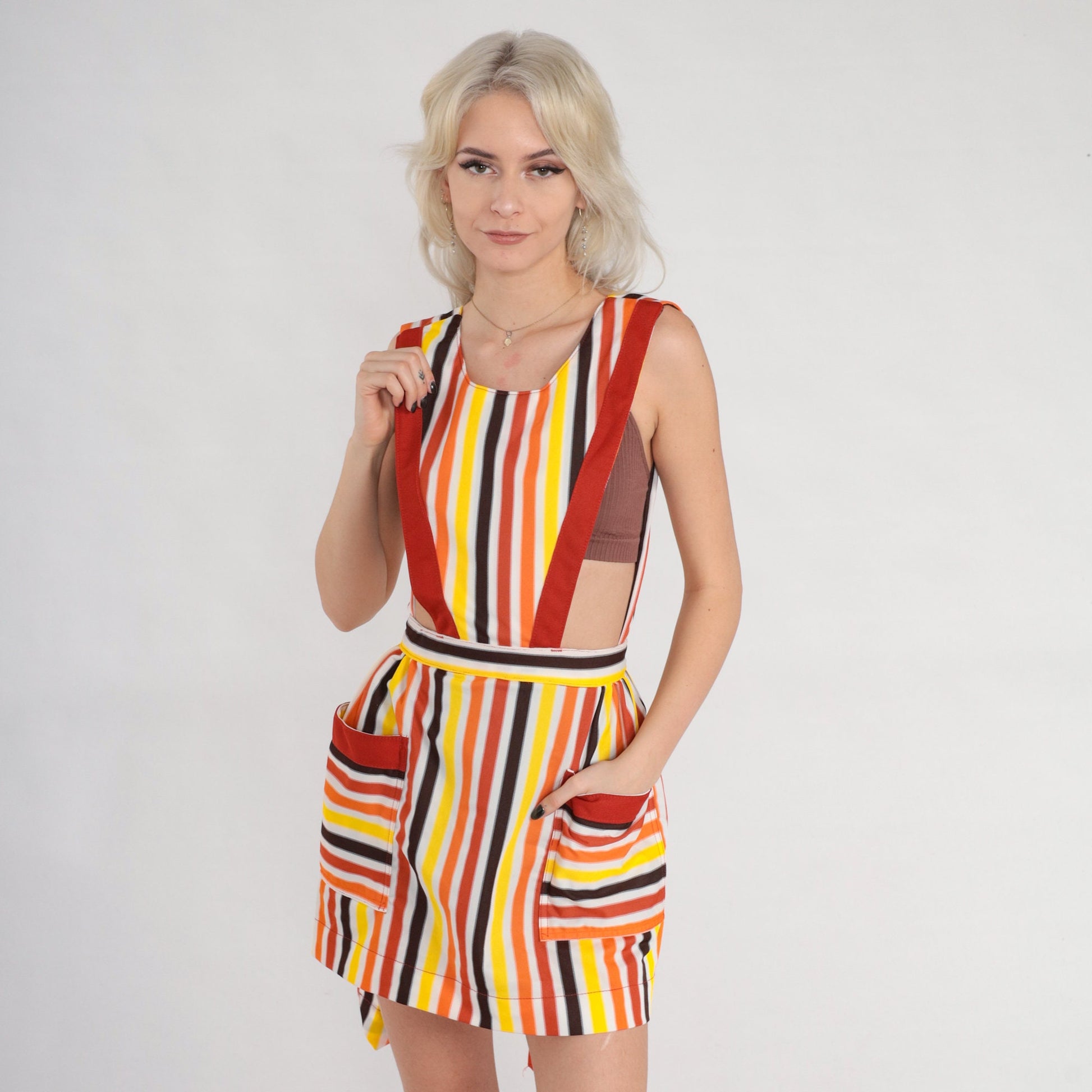 70s Striped Apron Dress Open Back Pinafore Mini XS Multicolor