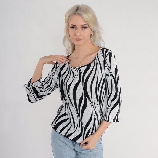 00s Black and White Abstract Pleated Blouse Zebra Print 3/4 Sleeve Medium Large