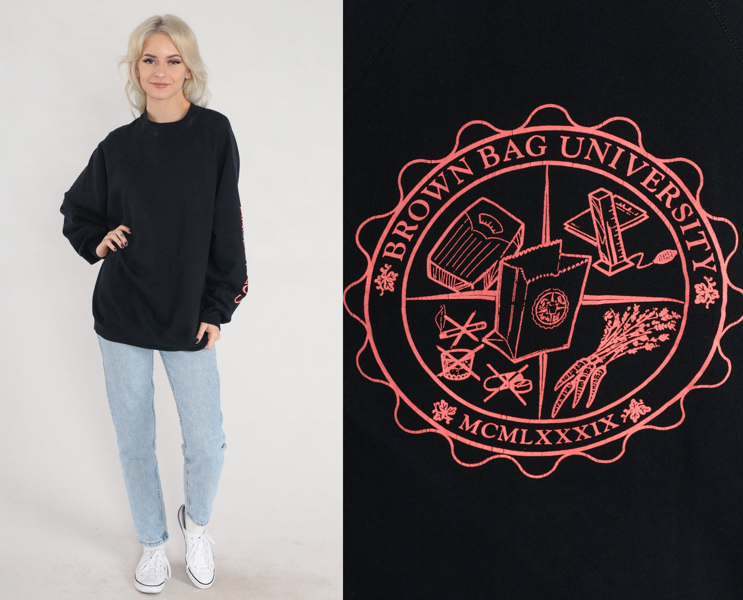 80s Brown Bag University Sweatshirt Black Graphic Crewneck Extra Large XXL