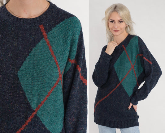 80s Navy Argyle Diamond Knit Crewneck Pullover Sweater Small S