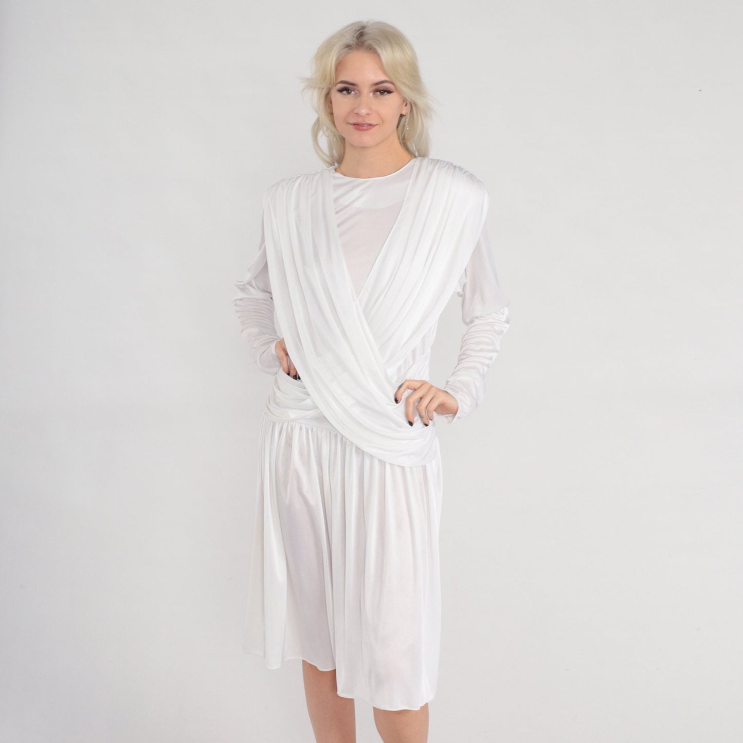 80s White Draped Midi Dress Long Sleeve Grecian Formal Small