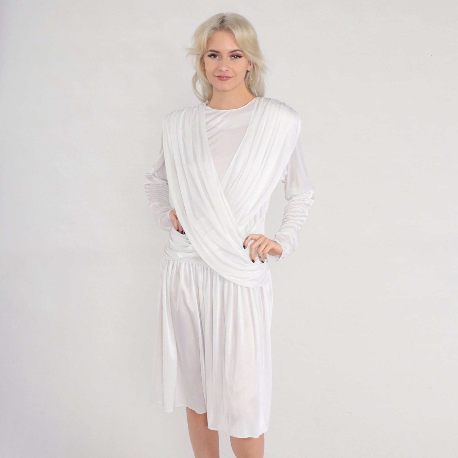 80s White Draped Midi Dress Long Sleeve Grecian Formal Small
