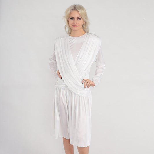 80s White Draped Midi Dress Long Sleeve Grecian Formal Small