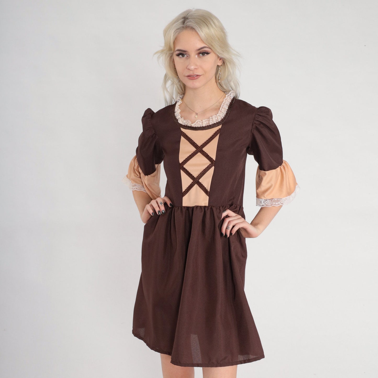 Y2K Brown Cotton Mini Dress Puff Sleeve Lace-Up Chest Extra Small