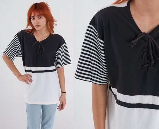 90s Black White Striped T-Shirt Lace-Up Corset Neckline Extra Large