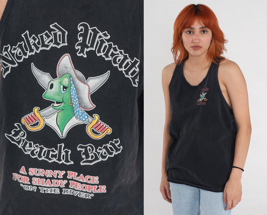 90s Pirate Cove Beach Bar Tank Top Black Graphic Cotton Medium Large