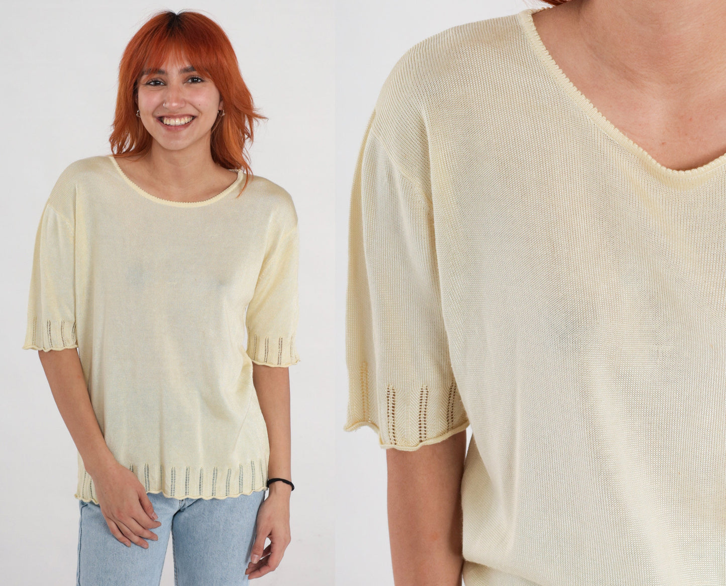 90s Pale Yellow Knit Cutout Blouse Short Sleeve Medium