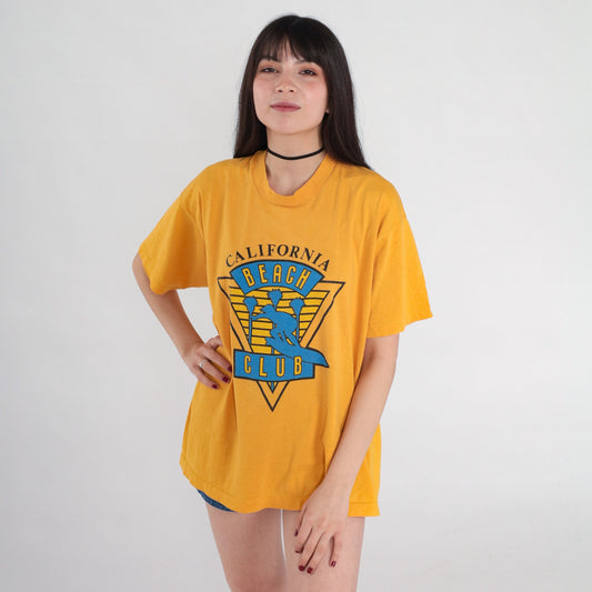80s California Beach Club Graphic T-Shirt Yellow Single Stitch Large L
