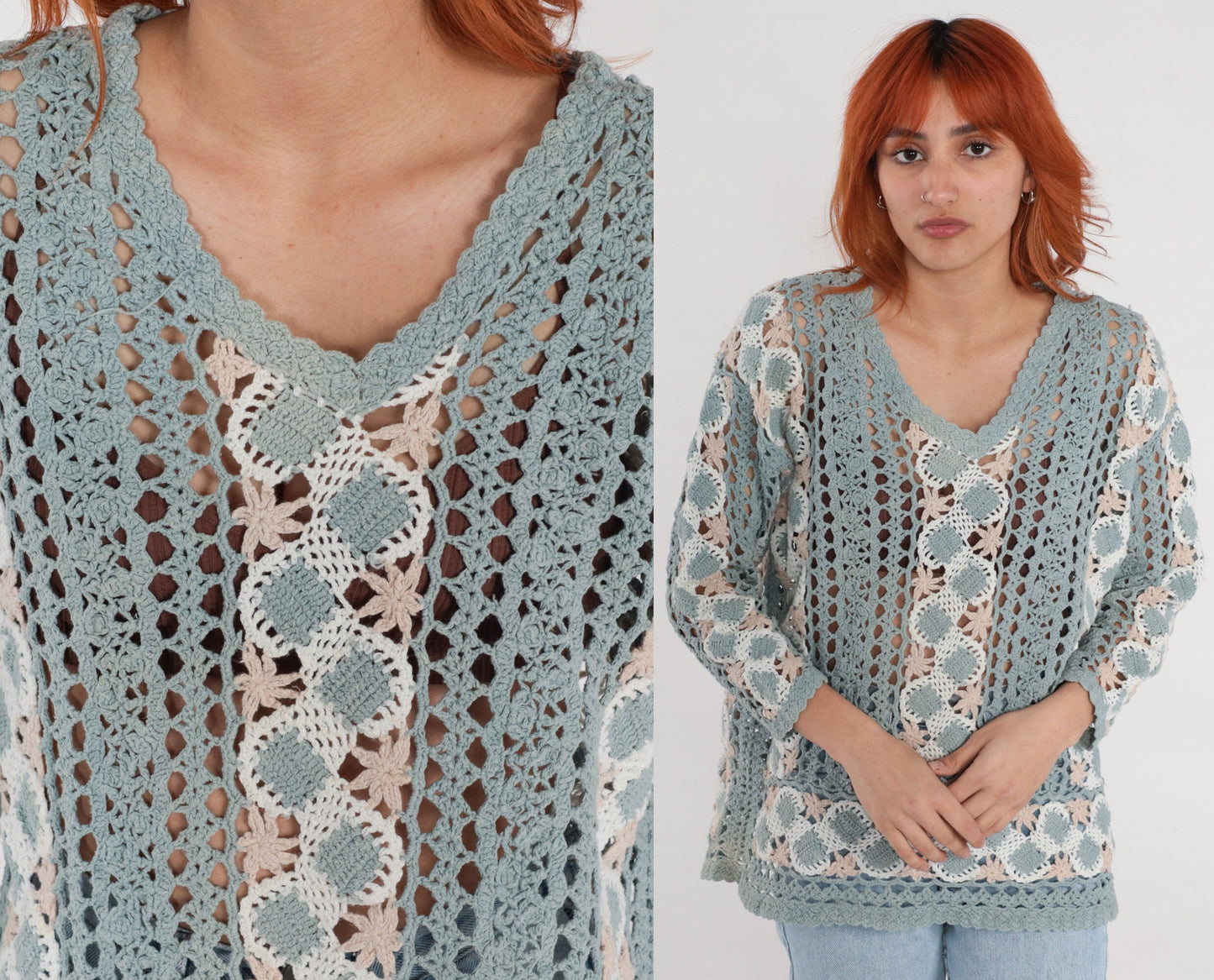00s Blue Crochet V-Neck Sweater Sheer Cutwork Knit Medium