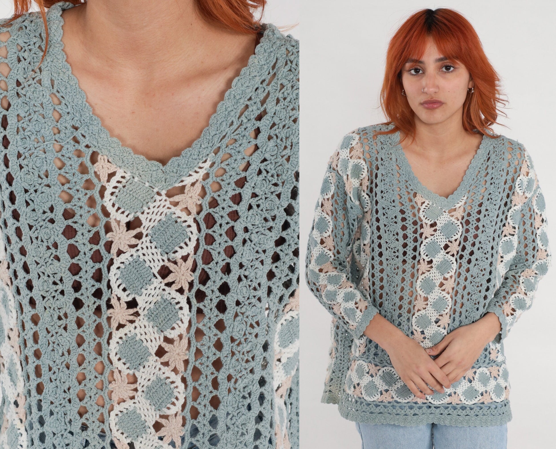 00s Blue Crochet V-Neck Sweater Sheer Cutwork Knit Medium