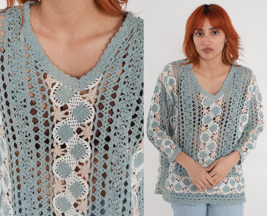 00s Blue Crochet V-Neck Sweater Sheer Cutwork Knit Medium