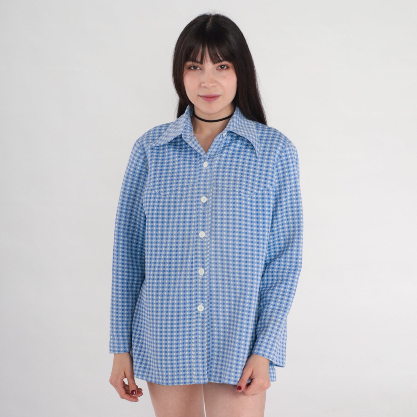 70s Western Shirt Blue Checkered Button-Up Blouse Long Sleeve Medium Large