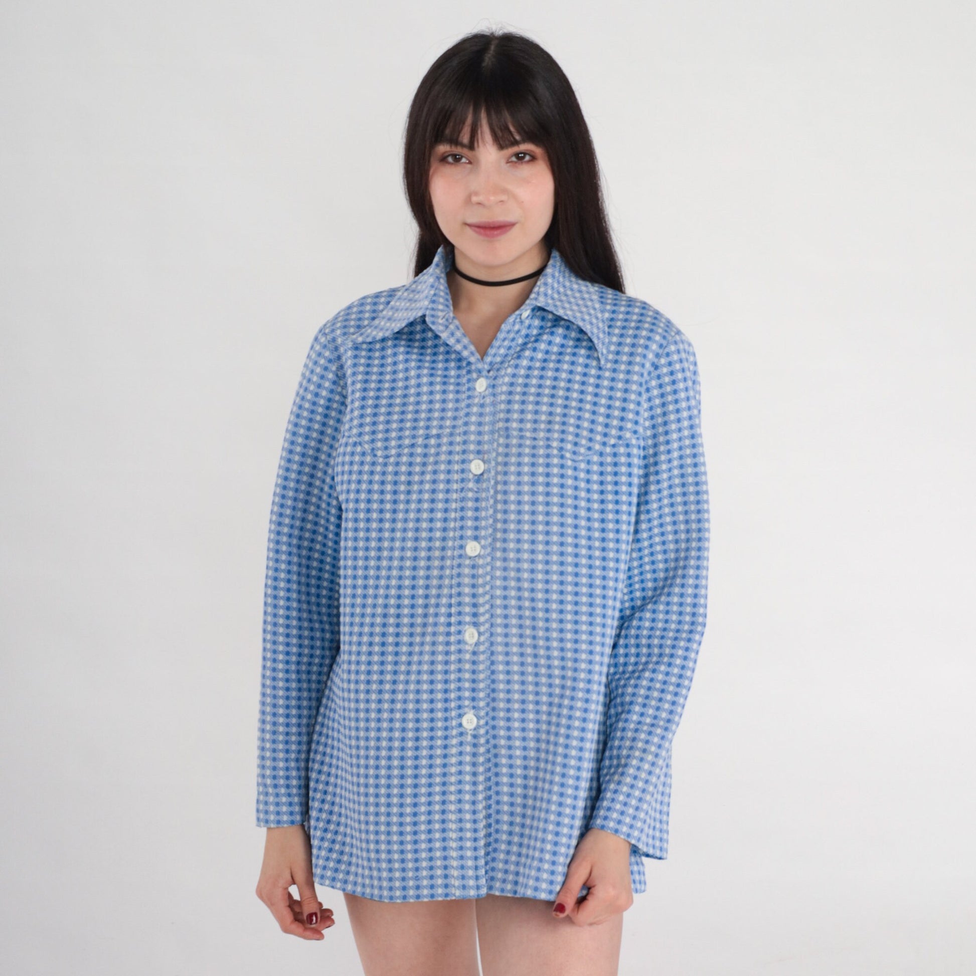 70s Western Shirt Blue Checkered Button-Up Blouse Long Sleeve Medium Large
