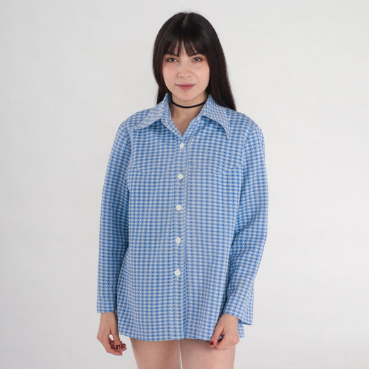 70s Western Shirt Blue Checkered Button-Up Blouse Long Sleeve Medium Large